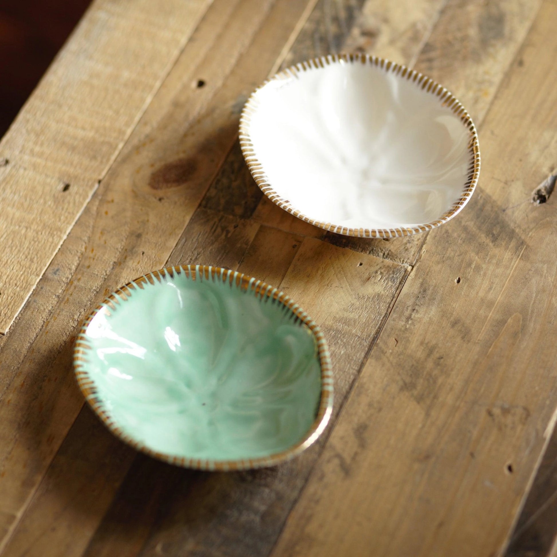 sea biscuit bowls Large with gold rim set 2 - white 6"